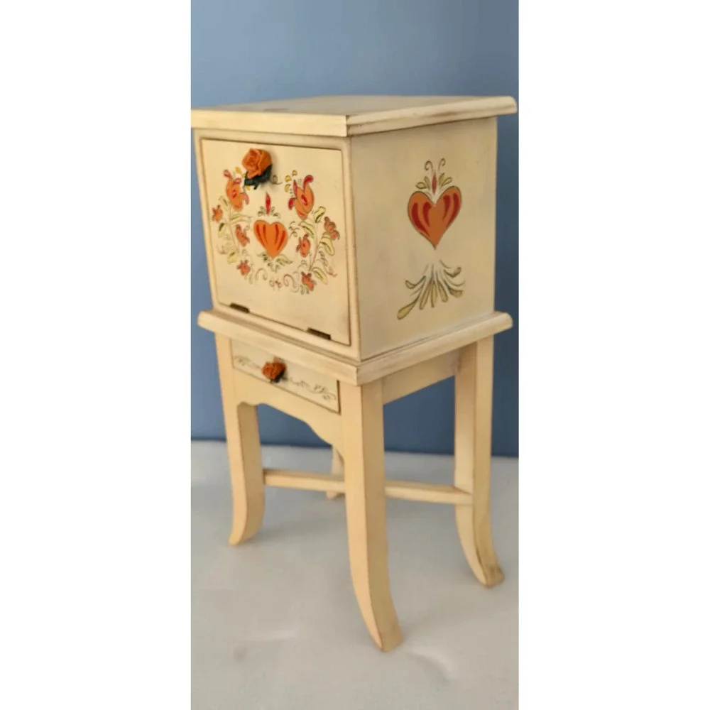 Vintage Hand Painted Floral Heart Wooden Jewelry Armoire Mini Vanity Chest 16in